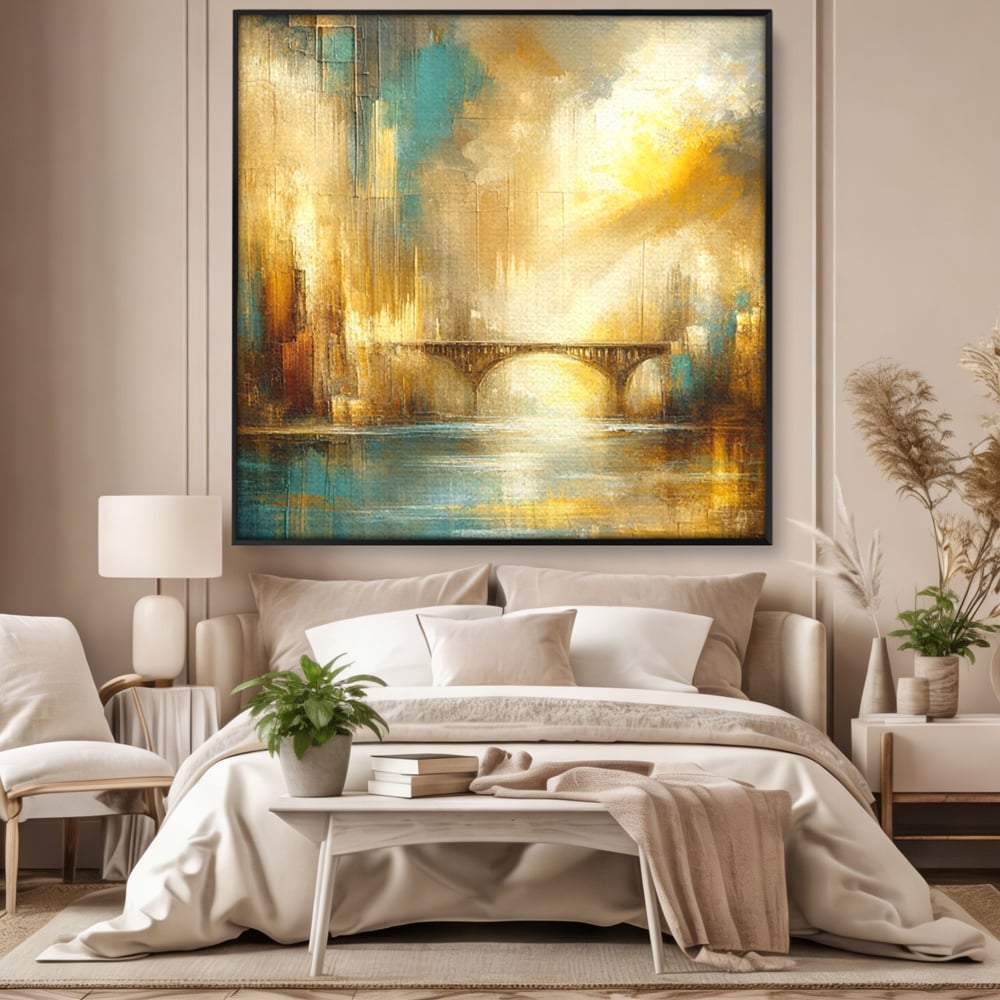 Tablou canvas cu pictura abstracta cu pod si oras, in rama de aluminiu negru, pe perete intr-un dormitor